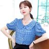 Летняя свободная однотонная шифоновая рубашка с короткими рукавами и кукольным воротником, женский топ