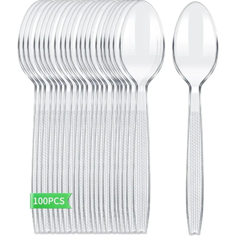 100 шт. Одноразовые пластиковые ложки Пластиковые столовые приборы Прозрачная чайная ложка Одноразовая посуда для десерта Мороженое Праздничные принадлежности