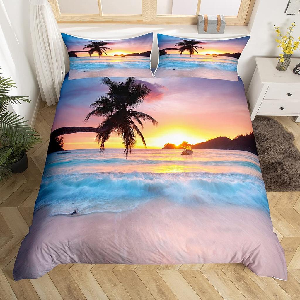 Summer Beach King Queen Duvet Cover Blue Ocean Fish Bedding Set Hawaiian Sea Palm Trees Quilt Cover Marine Life Comforter Cover