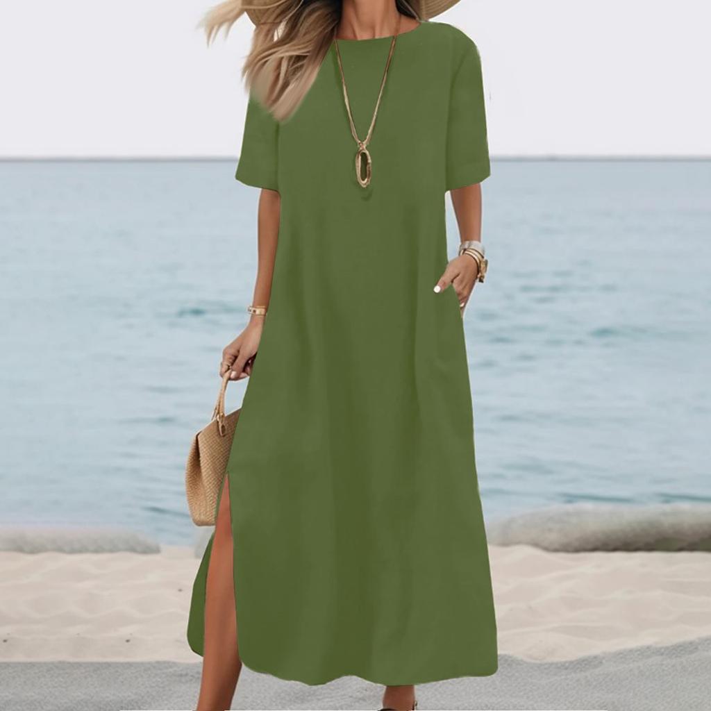 Women's Casual Dress Loose Fitting Dress Solid Color Dress Short Sleeved Long Dress