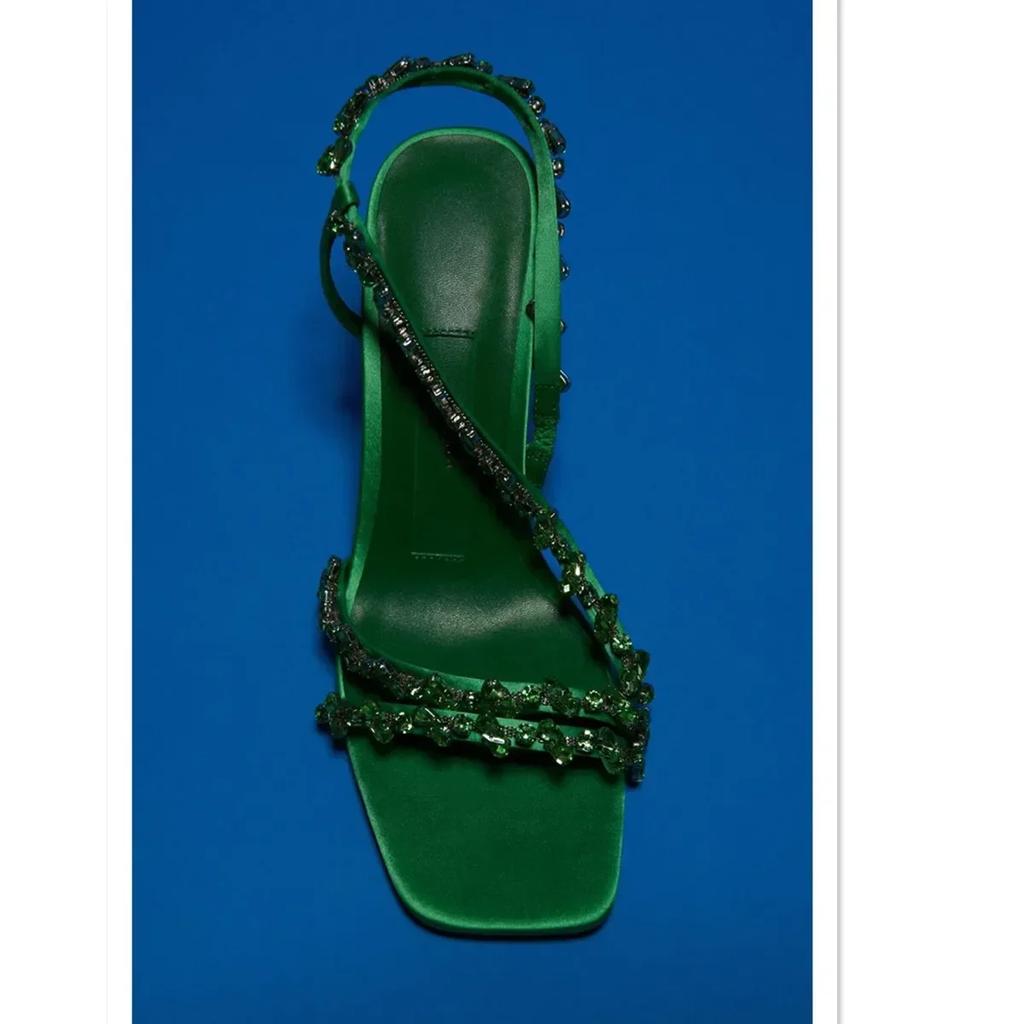 Туфли на высоком каблуке с плоской головкой, украшенные стразами, для женщин, сандалии на высоком каблуке большого размера с синим и зеленым ремешком, украшенные бусинами