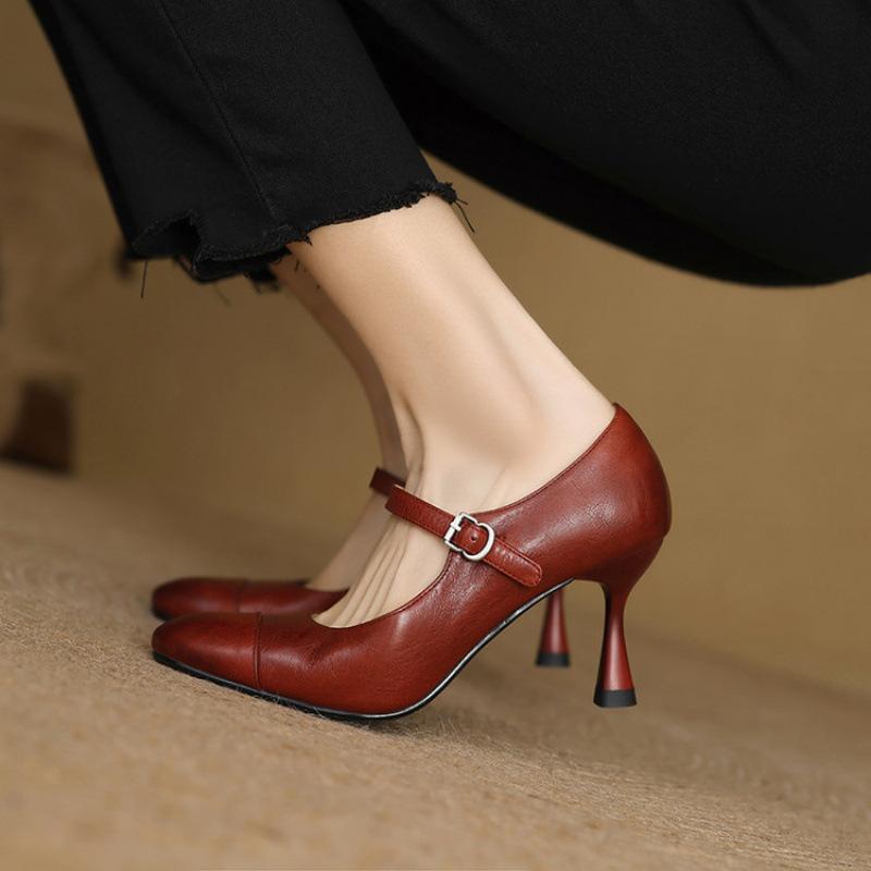 Casual Solid Color Four Seasons Leather Small Leather Shoes New Women's Fashion Single Shoes Foot Cover Round Head High Heel Large Size Shoes Stiletto