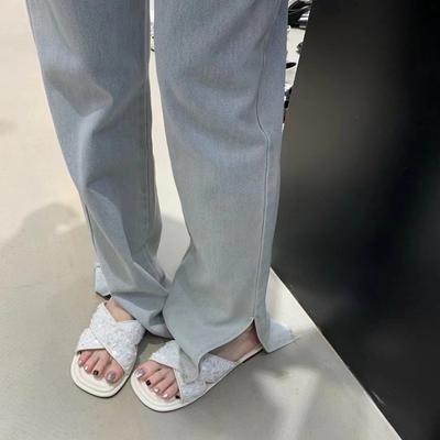 Сандалии шлепанцы с пайетками с открытым носком и квадратным носком на плоской подошве ленивая обувь мягкая подошва крутые шлепанцы женщины