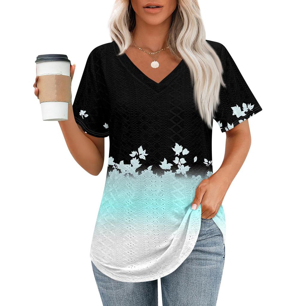 Womens T Shirts V Neck Short Sleeve Casual Tops Loose Fit Basic Tees With Curved Hem