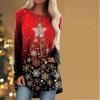 Plus Size Women's Snowflake Print Comfortable Long Sleeved Round Neck T-shirt Christmas Casual Baggy Mid Length T-shirt