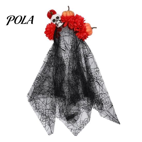 Gothic Halloween Headpiece Pumpkin Skull Floral Headband, Stable Hair Hoop with 3D Artificial Spooky Headband Flowers And Spiderweb Black Gauze Party