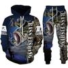 Mens Animal Bass Carp Fishing 3D Print Fashion Fisher Tracksuit Unisex Hoodie Jogging Pants 2Pcs Set Outdoor Clothing Size S-6XL