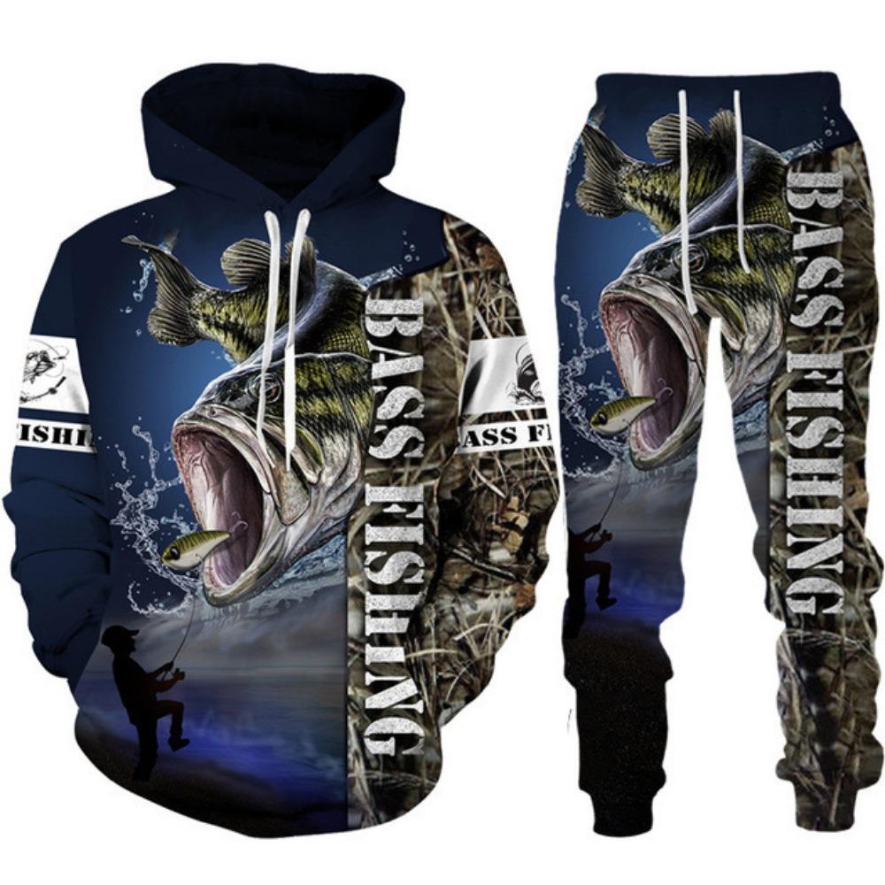 Mens Animal Bass Carp Fishing 3D Print Fashion Fisher Tracksuit Unisex Hoodie Jogging Pants 2Pcs Set Outdoor Clothing Size S-6XL