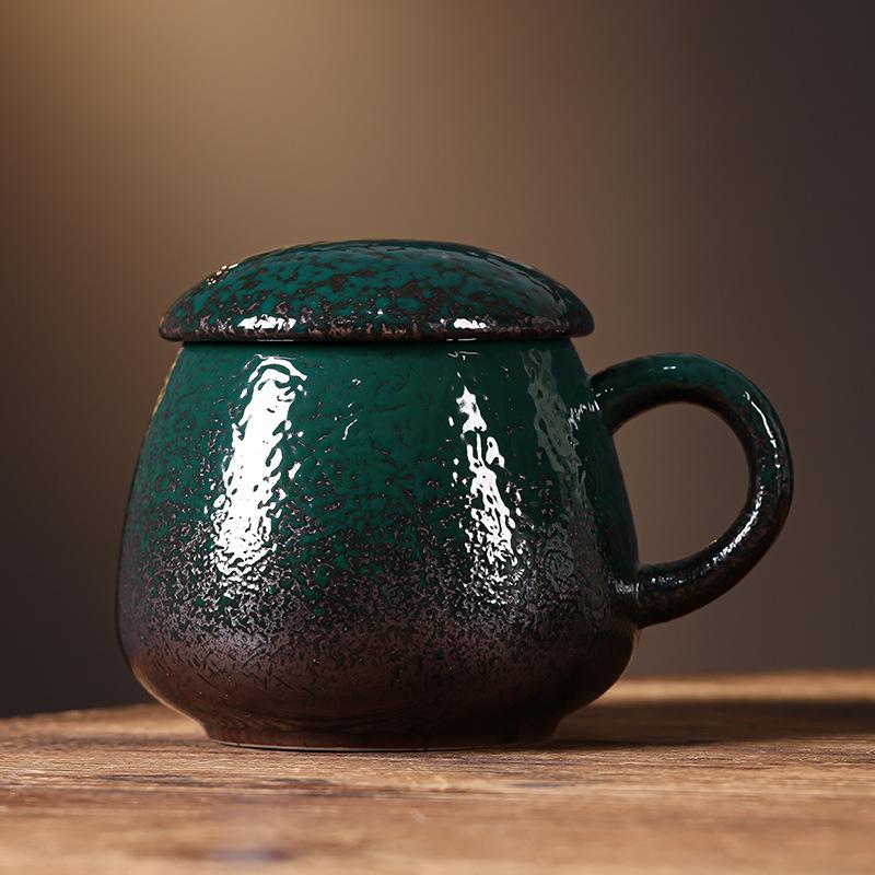 Coarse pottery mug with lid Large capacity 1000ml household water cup Ceramic office belly cup Coffee cup
