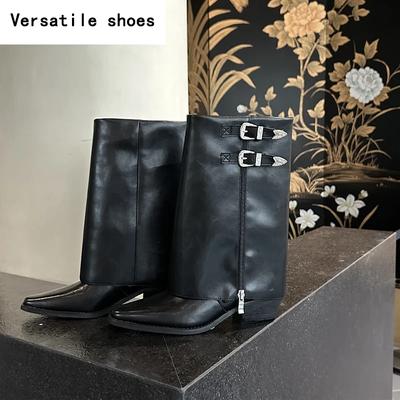 Женские западные ковбойские ботильоны Модные ботильоны до середины икры на молнии сбоку Ретро стиль Осенние женские туфли на толстом каблуке