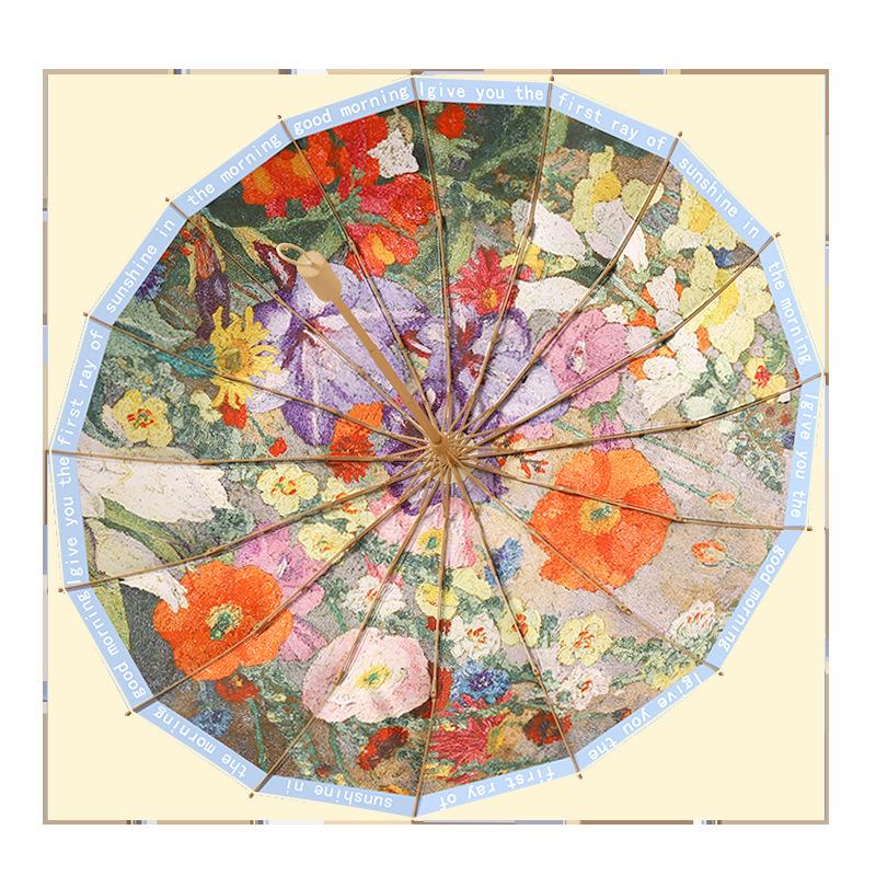 2025 трехслойный 16-спицевый ретро зонт с масляной живописью, клей для краски, зонт с ручкой из массива дерева, зонтик от солнца