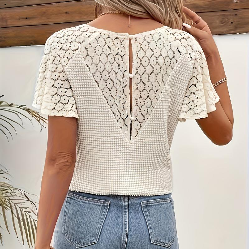 Летние новые блузки с V-образным вырезом и кружевом, женские блузки с коротким рукавом, свободные, повседневные рубашки, женские элегантные однотонные винтажные модные женские топы 26194