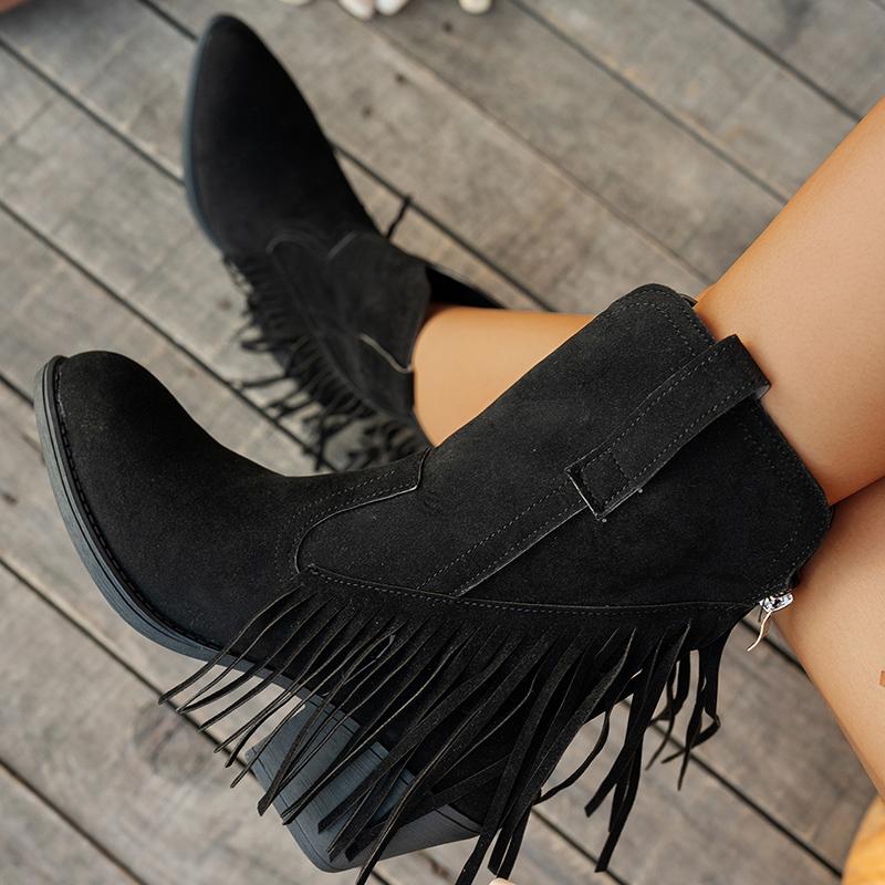 Ретро Бахрома Замшевые Вестерн Ковбойские Сапоги Женские 2025 Зима Сексуальный Острый Носок Высокий Каблук Ботильоны Женские Дизайнерские Короткие Ботильоны