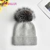 SOMALER Зимняя вязаная шерстяная шапка с меховым помпоном для девочек, женская модная пушистая теплая шапка-бини с манжетами и помпоном, женская осенне-осенняя повседневная кепка