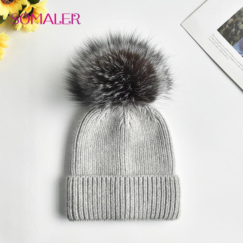 SOMALER Зимняя вязаная шерстяная шапка с меховым помпоном для девочек, женская модная пушистая теплая шапка-бини с манжетами и помпоном, женская осенне-осенняя повседневная кепка