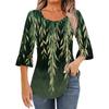 Women's Fashion Casual Pleated Round Neck Floral Print Three-Quarter Sleeve T-Shirt Top