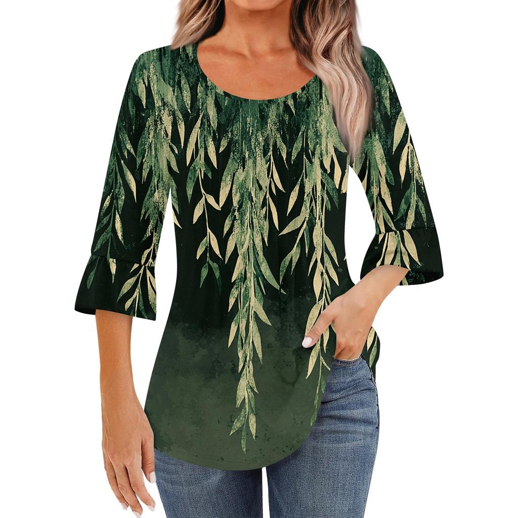 Women's Fashion Casual Pleated Round Neck Floral Print Three-Quarter Sleeve T-Shirt Top