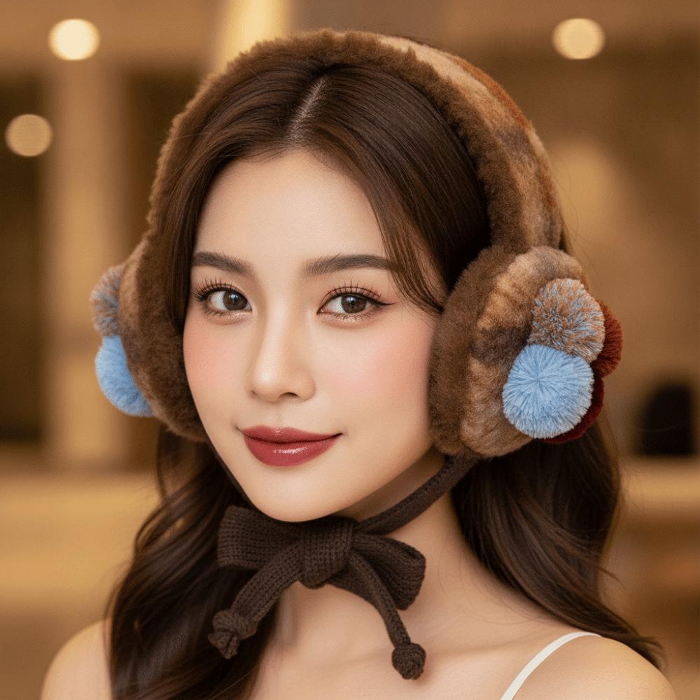 Soft Vintage Pom Earmuff Thickened Lace Up Ear Warmer Tie Up Ear Covers Cycling