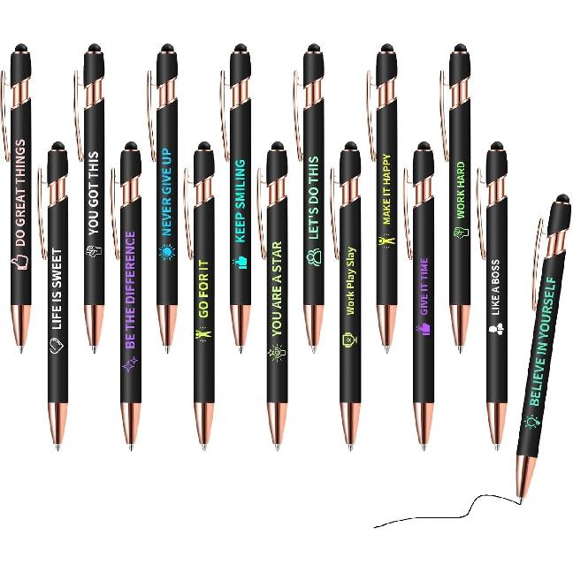 15 Pack pirational Pens - Motivational Ballpoint Pens Bulk with Quotes Stylus Tip Black Ink, Funny Pens for Coworkers School Office Supplies, Black