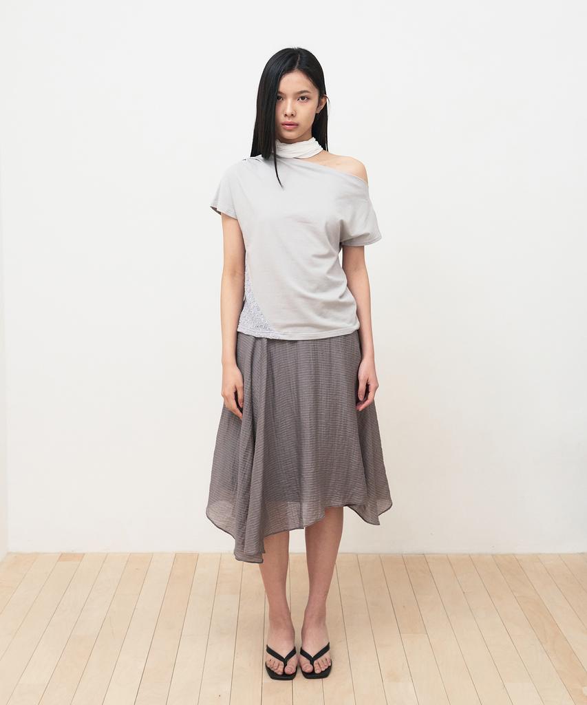 SIS A Off-Shoulder Lace Soft Half T-Shirt [Grey]