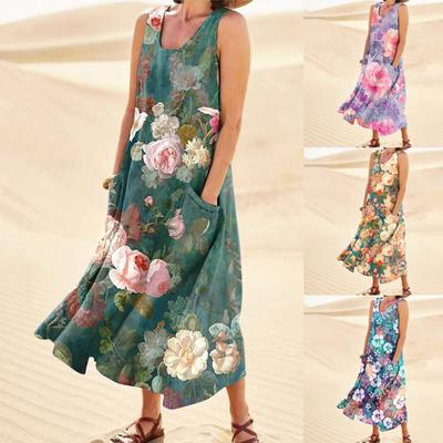 Модное летнее повседневное удобное хлопковое платье без рукавов с цветочным принтом и карманным пляжным платьем для женщин