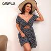 Плюс Размер Женское Сексуальное Цветочное Платье с Коротким Рукавом и V-образным Вырезом