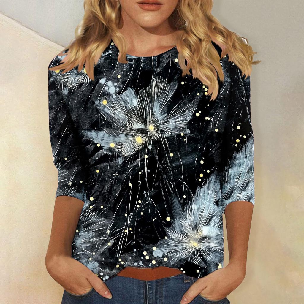 Женская мода повседневная три четверти рукава цветочный принт горловина топ