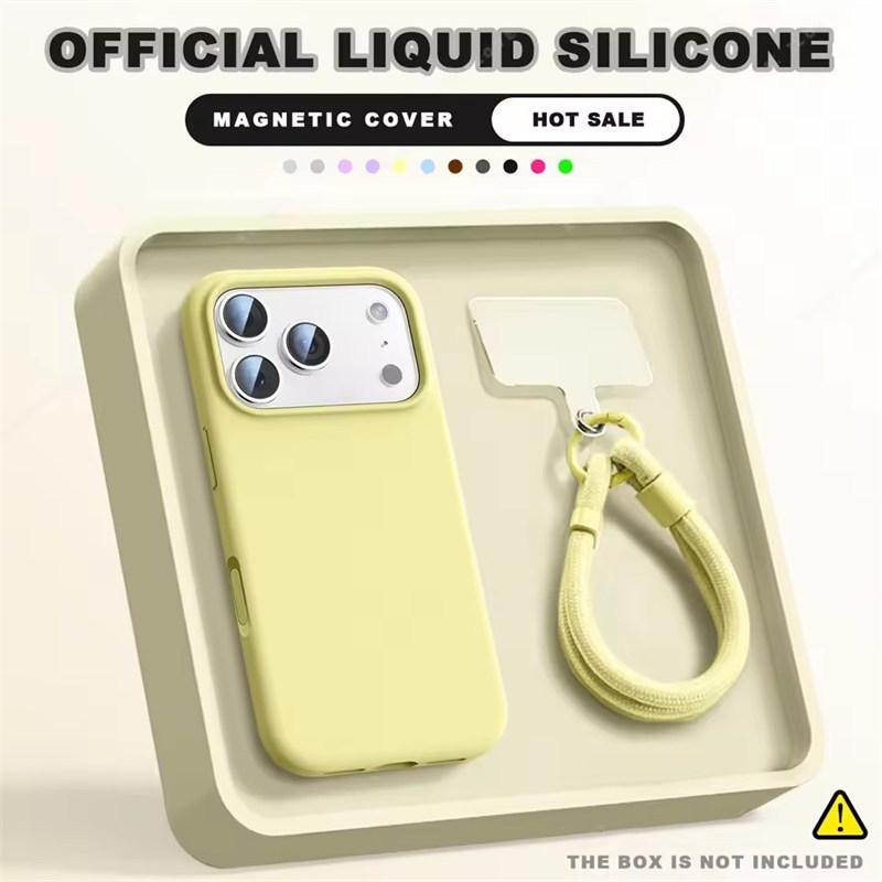 Чехол-бампер с ремешком на запястье и магнитом для iPhone 16E 14 15 Plus 12 13 16 17 Pro Max Air Magsafe Жидкий силикон Чехол-ремешок