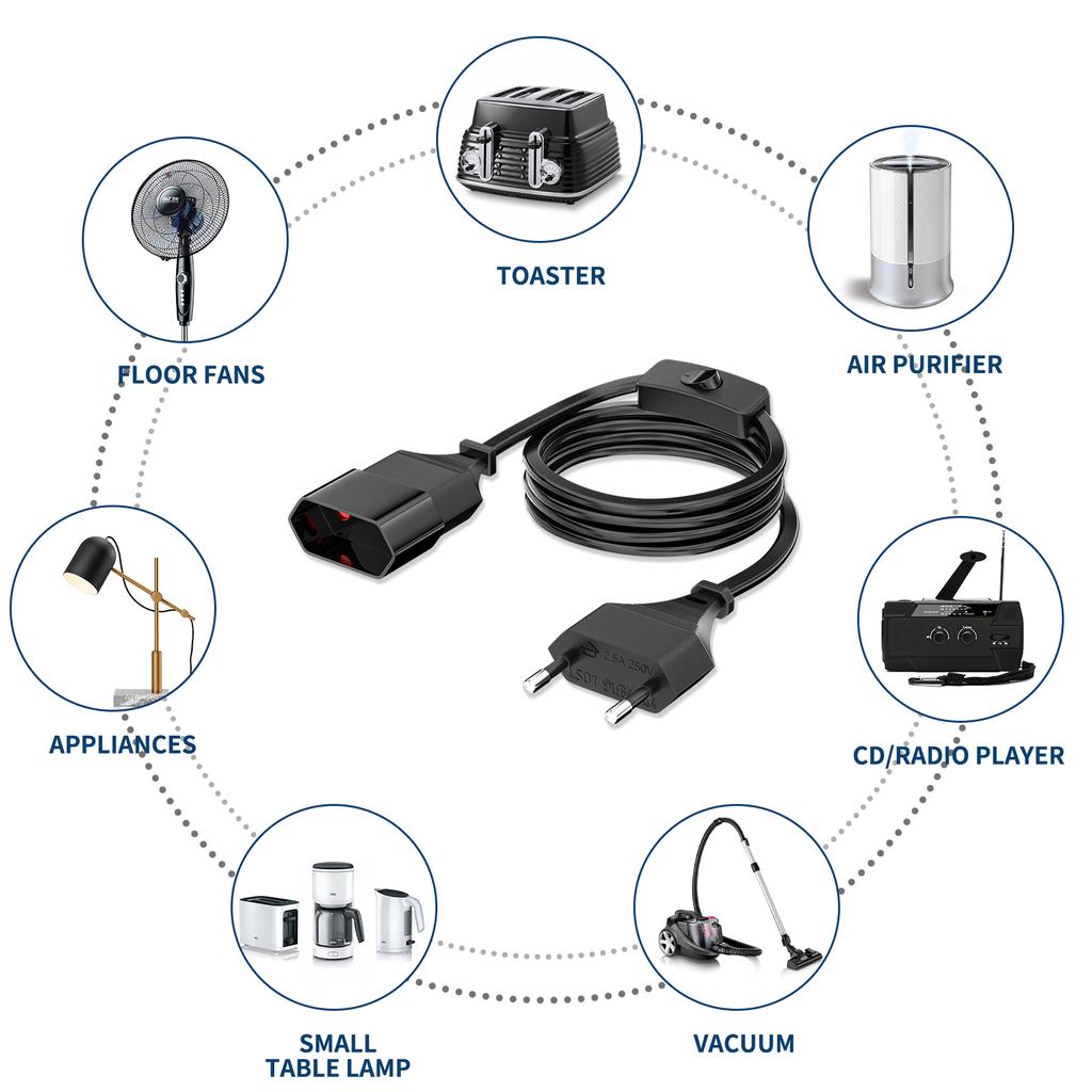 2Pcs Europea Male Plug To Female Socket Power Extension Cable with Switch, 2Prong Euro Plug 2m Extension Cord for PC Computer