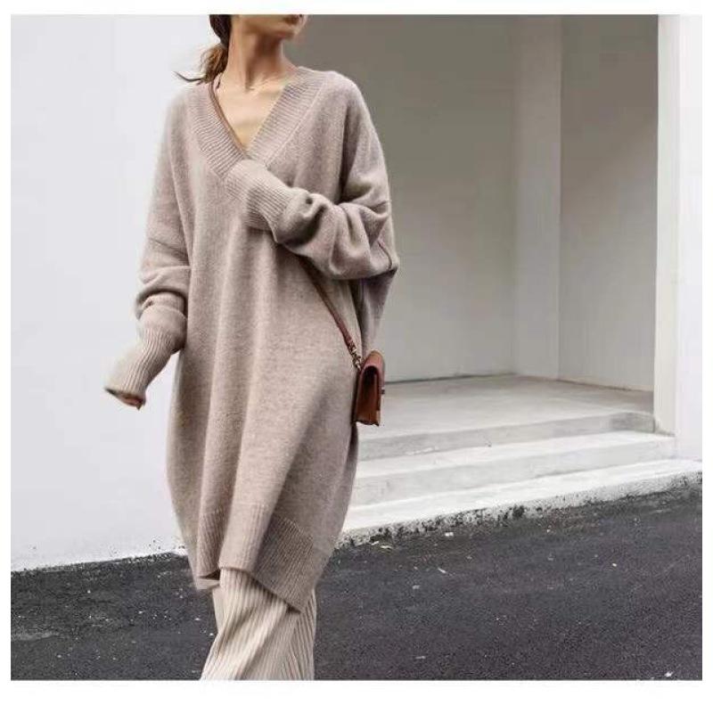 Tooxika Women's Autumn And Winter New Sweater V-neck Knitted Sweater Loose Large Size Solid Color Medium And Long Sweater For Women