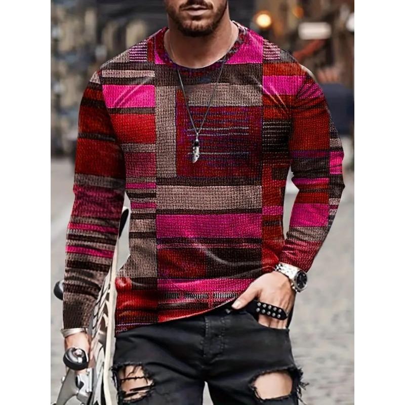 Trendy Retro Contrast Color Fabric Series 3D Printing Summer Round Neck Casual Long-sleeved T-shirt Fashionable Men's Clothing