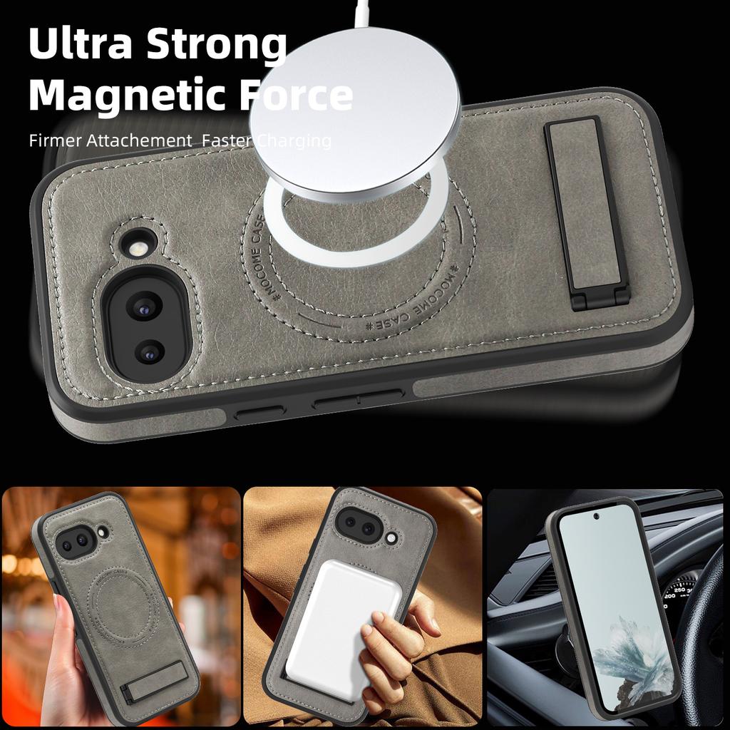 Для чехла Google Pixel 9a, совместимого с MagSafe, с подставкой, кожаная задняя крышка для телефона