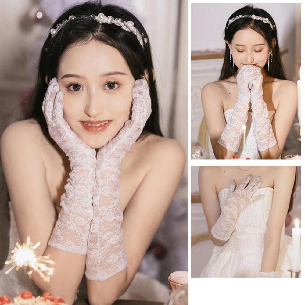 Vintage Satin Long Gloves Lace Long Finger Mittens Wedding Bridal Gloves  Dress Accessories