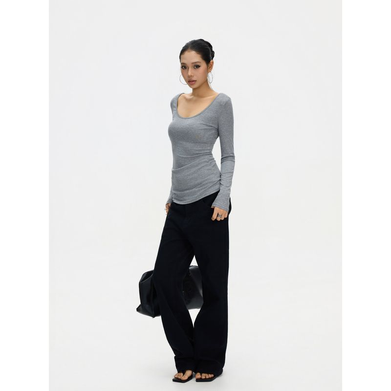 F383 American Retro Style Lace Hollow-Out Slim-Fit Long-Sleeve T-Shirt for Women, Waist-Cinching and Slimming Inner Layer Top