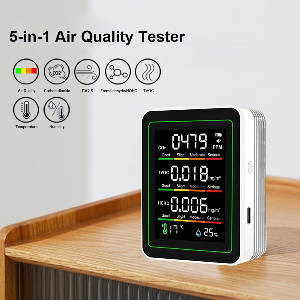 Цифровой монитор качества воздуха 5 в 1 CO2 HCHO TVOC Монитор влажности и температуры Тестер CO2 ЖК-дисплей Бытовой тестер качества воздуха