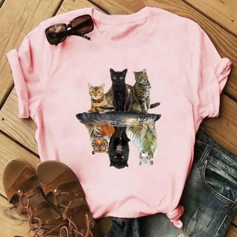 Летняя 3D цифровая печать три кота светоотражающая сетка дышащая толстовка с коротким рукавом круглый вырез свободные футболки женские