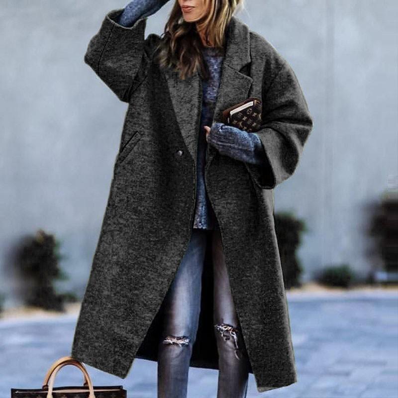 Europe And The United States Fall Women's Long-sleeved Lapel Coat Printed Tweed Long Coat