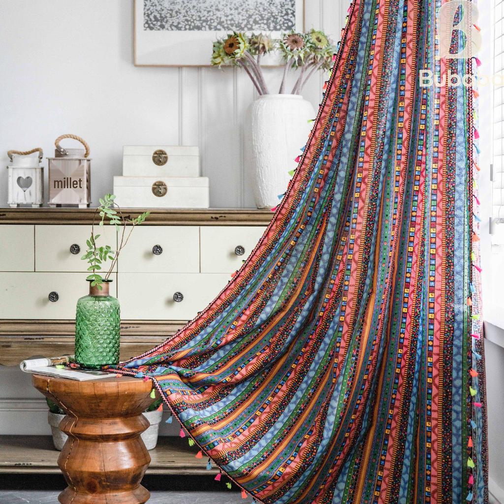 Красные богемные полосатые хлопково-льняные шторы для гостиной - Ретро стиль