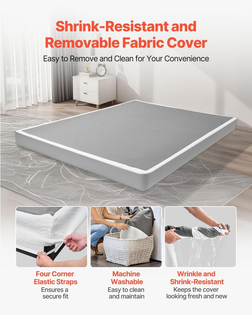 Box Spring, Queen Size Bed Frame with Washable Fabric Cloth, Heavy Duty Metal Frame for Queen Bed, 102 mm Mattress Foundation, 1587.57 kg Max Weight