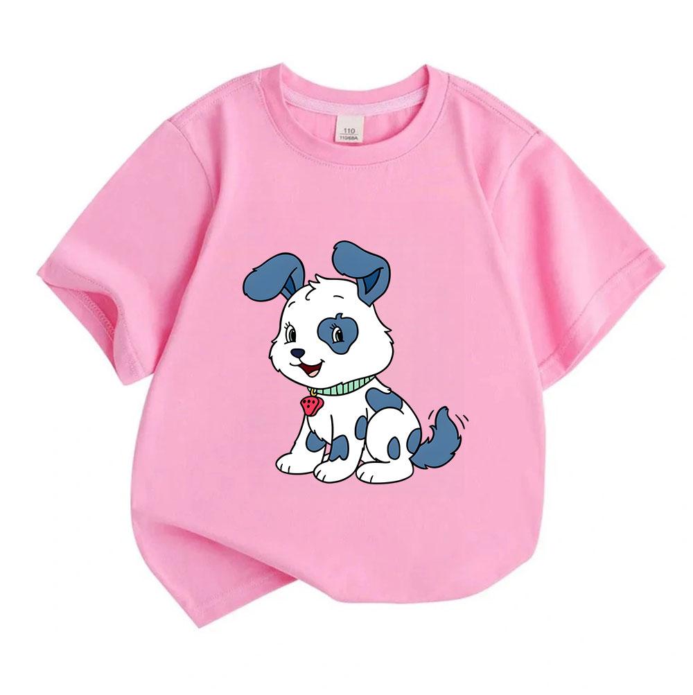 Kids Boys Girls Crew Neck Short Sleeve 100% Cotton T-Shirt, Cute Happy Blue Spotted Cartoon Puppy Print Casual Soft Comfortable Tee for Daily Wear Hol