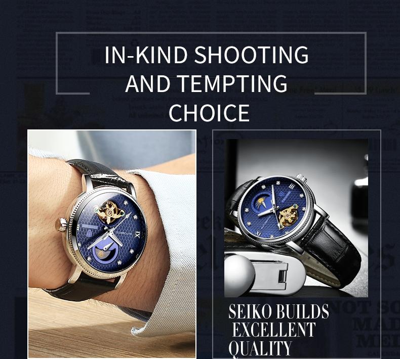 Tevise Luxury Men's Automatic Mechanical Watch - Tourbillon Moonphase with Luminous Hands, Genuine Leather Strap, Casual & Sport