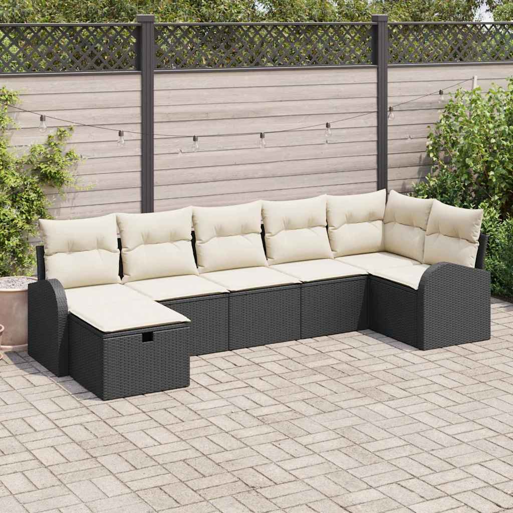7 Piece Garden Sofa Set with Cushions Black Poly Rattan