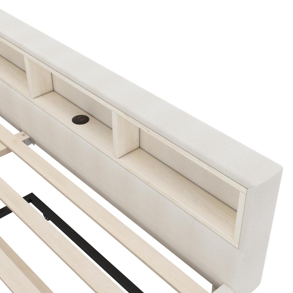 Sofa Bed 140x200 Cm Extendable LED Strip USB+Type-C Storage Compartment Slatted Frame Linen Bed Frame Without Mattress Beige