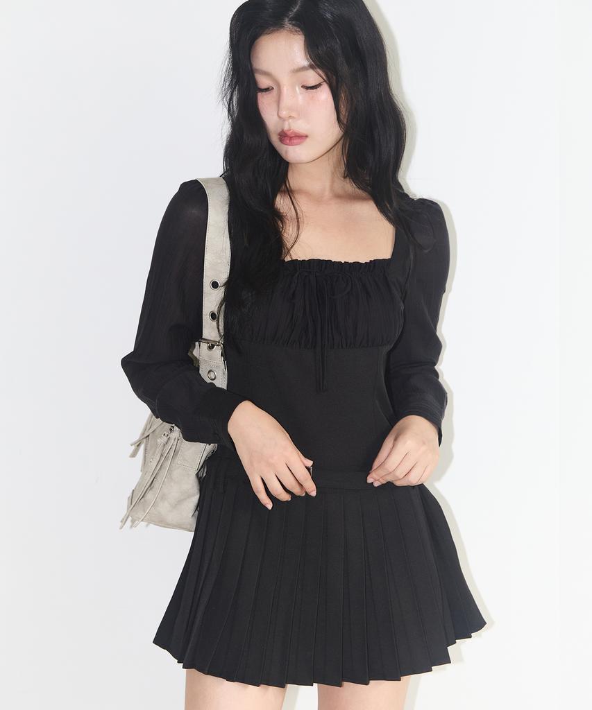 Iligo Preppy Ribbon Pleated Dress Black