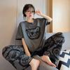 Plus Size Women's Pajamas Short-Sleeved Trousers Comfortable and Breathable Suit Gray Cartoon Bear O-Neck Pullover Sleepwear