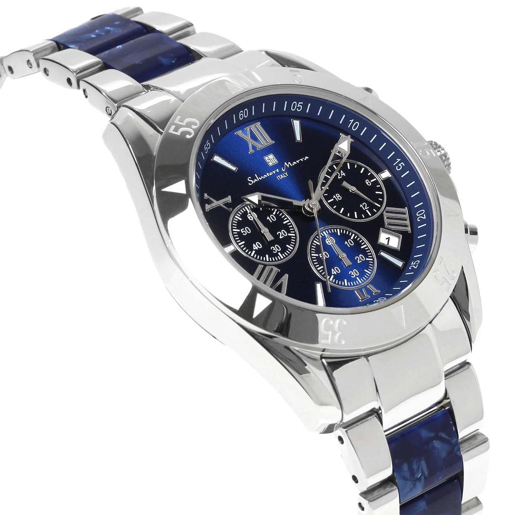 Salvatore Marra Часы Хронограф Ацетат Комбинированный Ремешок Модель Ограниченного Выпуска к 20-летию Рейтинг Бренда Часы Подарок Синий Серебристый [Salvatore Mara] Мужские