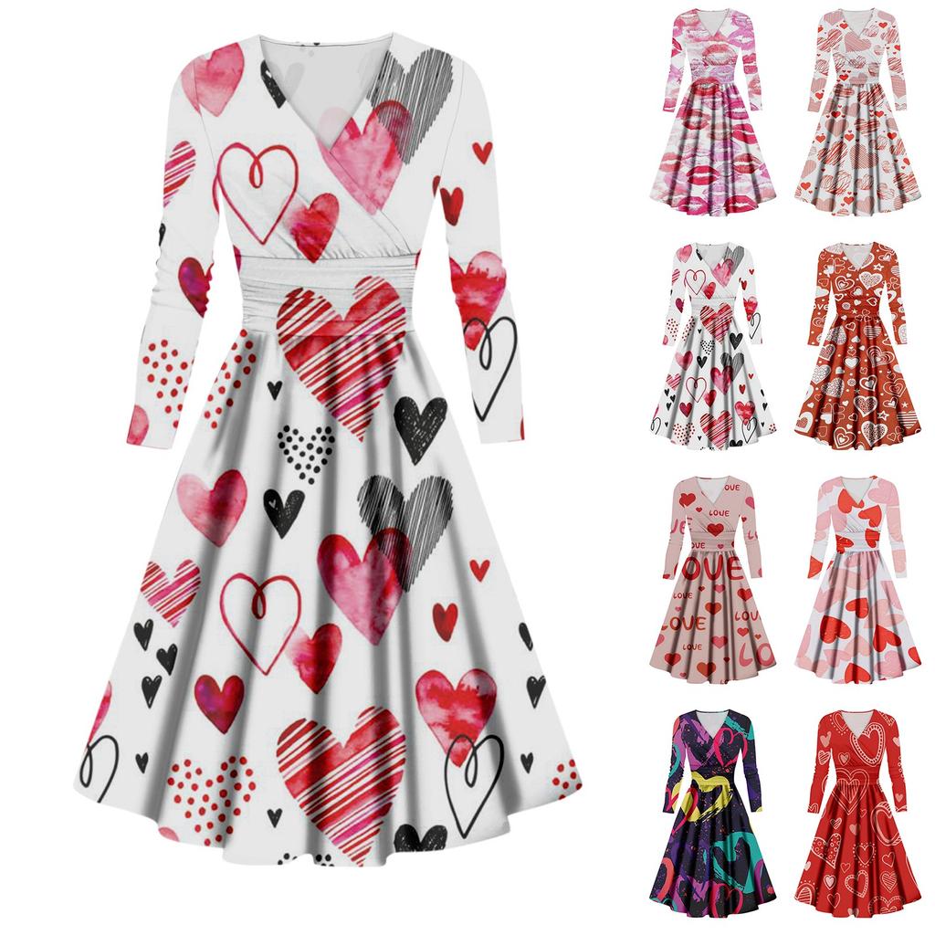 Ladies Fashion Casual Valentine's Day Print Long Sleeve V-neck Sexy Dress