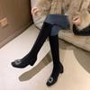 Square Head French Compound Black Short Boots Thick Medium Heel Rhinestone Elastic Thin Boots Long Boots Women's Autumn and Winter