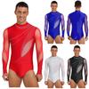 Mens Latin Dance Bodysuit Glittery Rhinestone Mesh Long Sleeve Openable Crotch Design One Piece Leotard