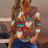 Women's Fashionable Casual Christmas Printed V-neck Three-quarter Sleeve Decorated Button Top